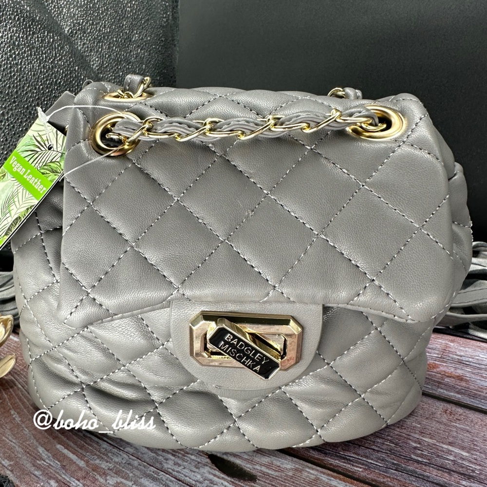 BADGLEY MISCHKA | Quilted Gray Drawstring Mini Backpack NWT - Picture 2 of 7